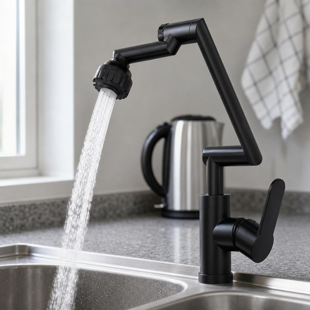 Grifo negro con brazo articulado instalado en un lavaplatos de acero de una cocina